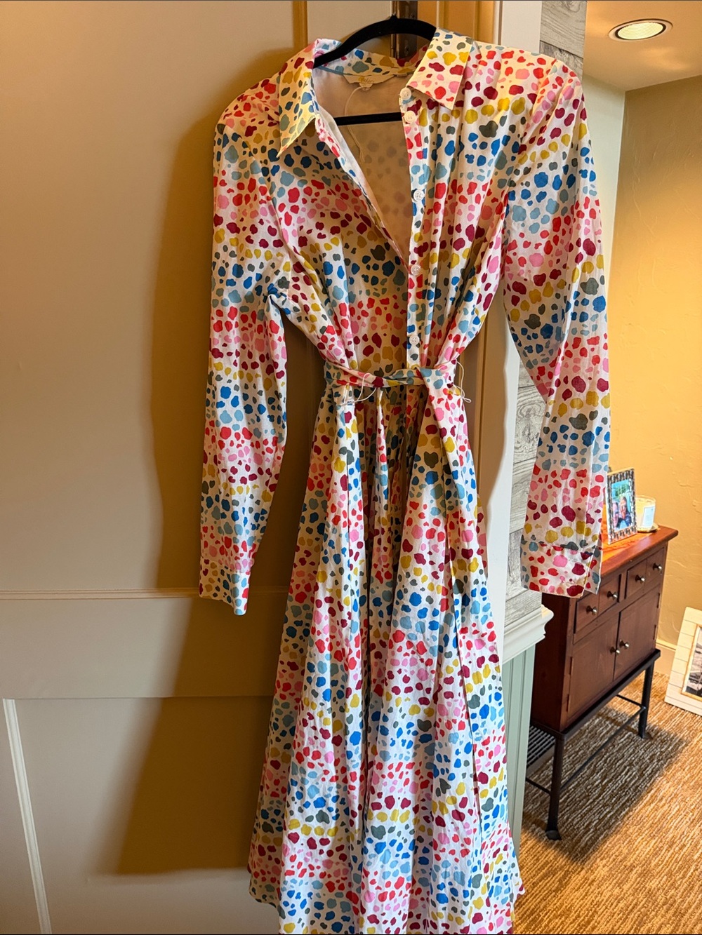Boden White Long-Sleeve Shirt Dress with Pink, Blue, Yellow & Green Dot Print